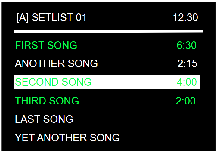 Song list with songs already in the setlist in green
