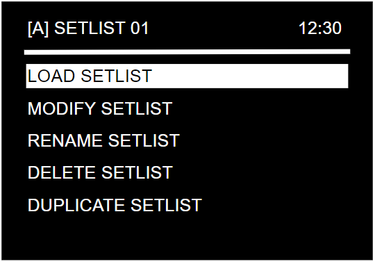 Setlist menu with LOAD SETLIST selected