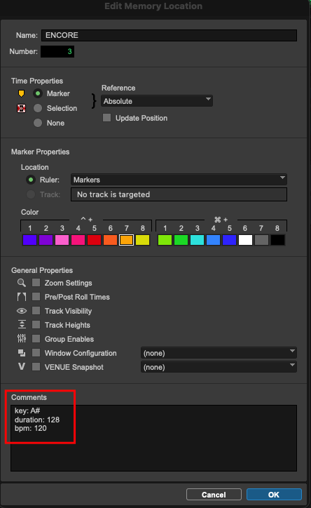 Pro Tools Edit Memory Location window with key, duration and bpm in the Comments field