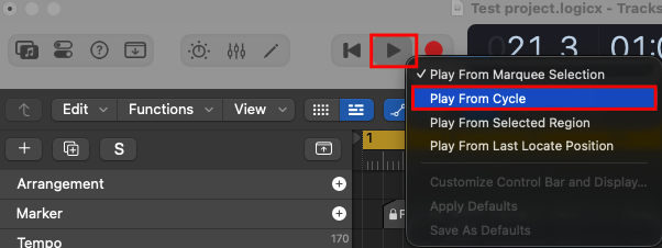 Right-click on the Logic Pro Play button, with Play From Cycle highlighted