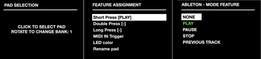 Feature selection for a pad in Ableton mode, with PLAY shown in green