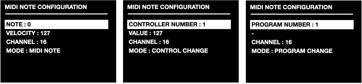 MIDI note, control change and program change configuration screens